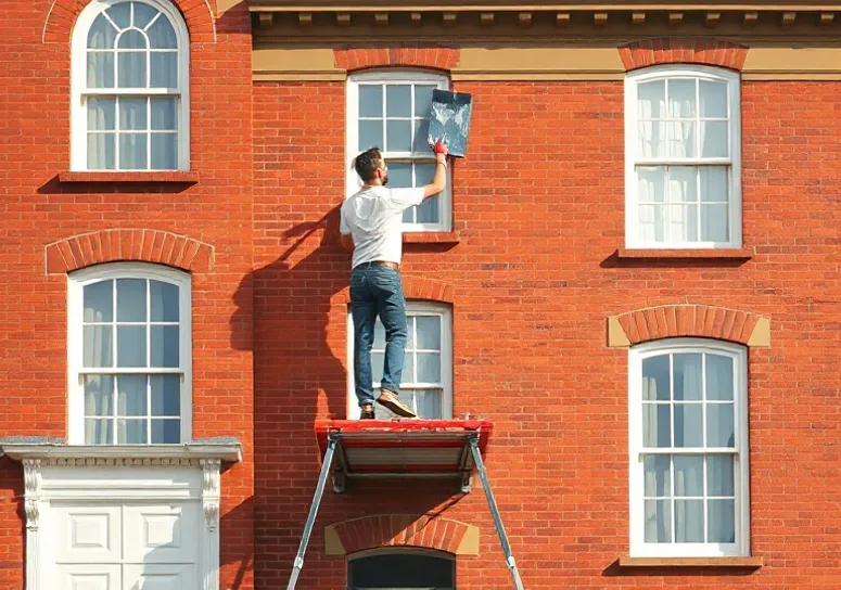 Peintre sur échafaudage traitant la façade d'une maison